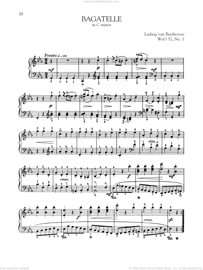 Bagatelle In C Minor, WoO 52 sheet music for piano solo by Ludwig van Beethoven, classical score, intermediate skill level