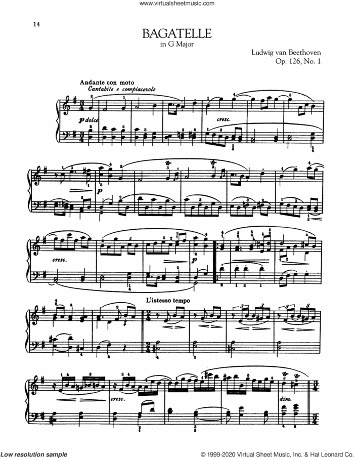 Bagatelle In G Major, Op. 126, No. 1 sheet music for piano solo by Ludwig van Beethoven, classical score, intermediate skill level