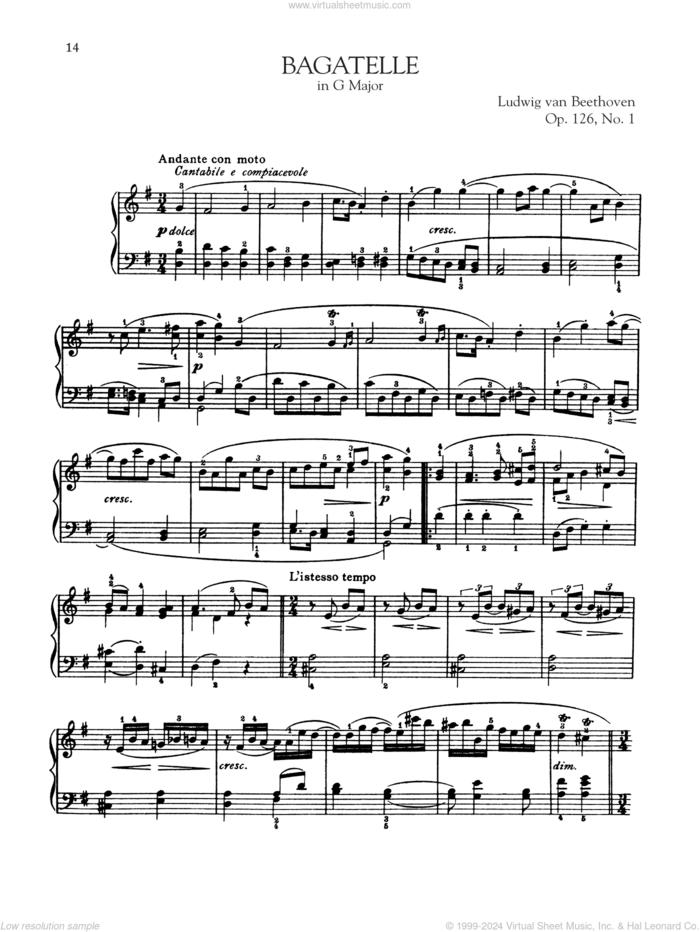 Bagatelle In G Major, Op. 126, No. 1 sheet music for piano solo by Ludwig van Beethoven, classical score, intermediate skill level