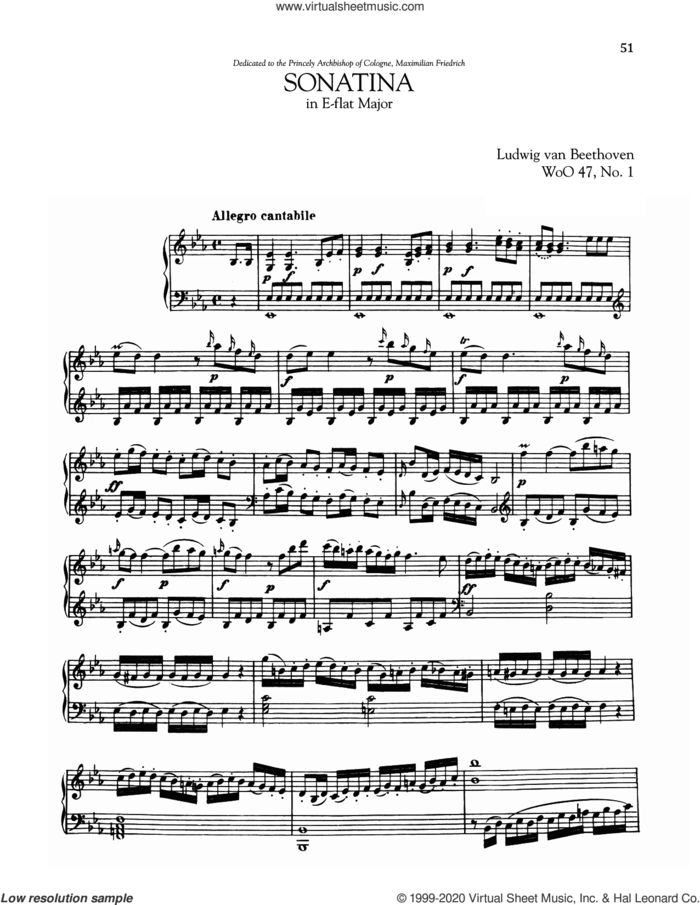 Sonata In E-Flat Major, WoO 47, No. 1 sheet music for piano solo by Ludwig van Beethoven, classical score, intermediate skill level