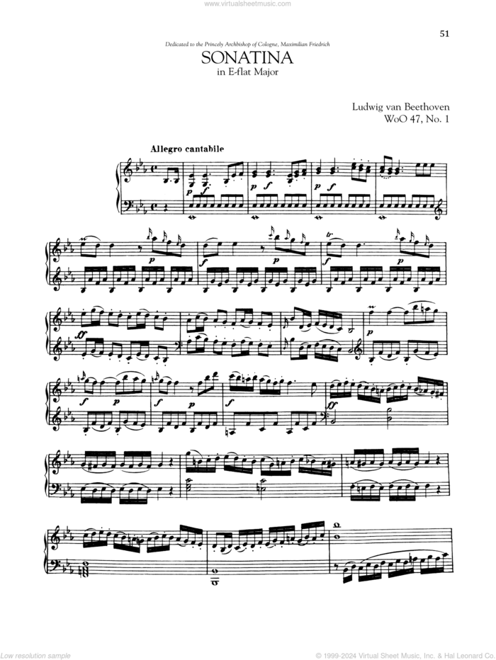 Sonata In E-Flat Major, WoO 47, No. 1 sheet music for piano solo by Ludwig van Beethoven, classical score, intermediate skill level