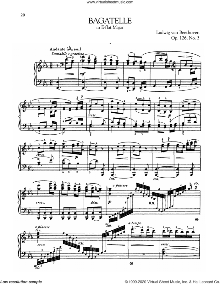 Bagatelle In E-Flat Major, Op. 126, No. 3 sheet music for piano solo by Ludwig van Beethoven, classical score, intermediate skill level