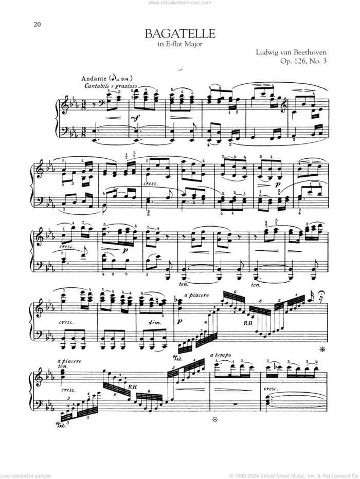 Bagatelle In E-Flat Major, Op. 126, No. 3 sheet music for piano solo by Ludwig van Beethoven, classical score, intermediate skill level