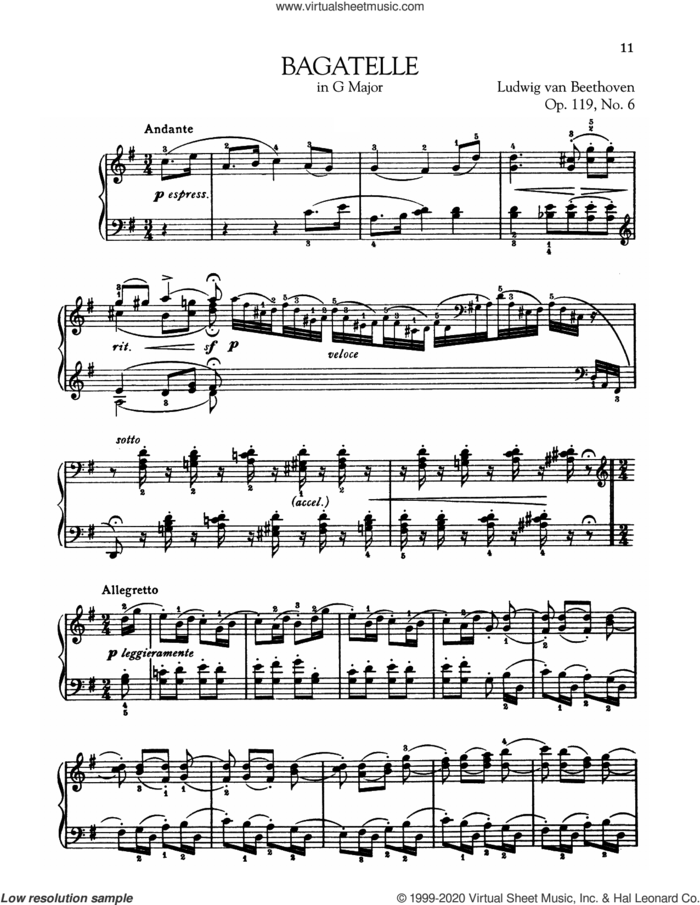 Bagatelle In G Major, Op. 119, No. 6 sheet music for piano solo by Ludwig van Beethoven, classical score, intermediate skill level
