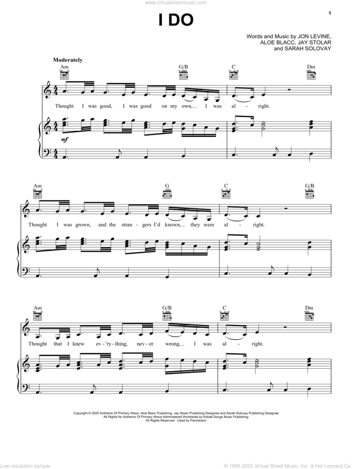 I Do sheet music for voice, piano or guitar by Aloe Blacc, Jay Stolar, Jon Levine and Sarah Solovay, wedding score, intermediate skill level