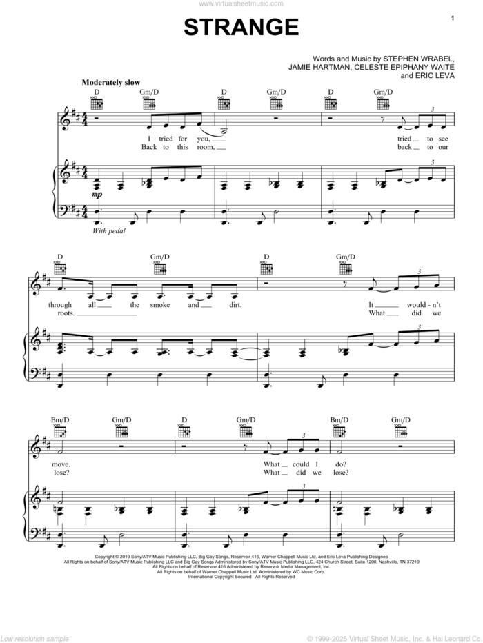 Strange sheet music for voice, piano or guitar by Celeste, Celeste Waite, Eric Leva, Jamie Hartman and Stephen Wrabel, intermediate skill level