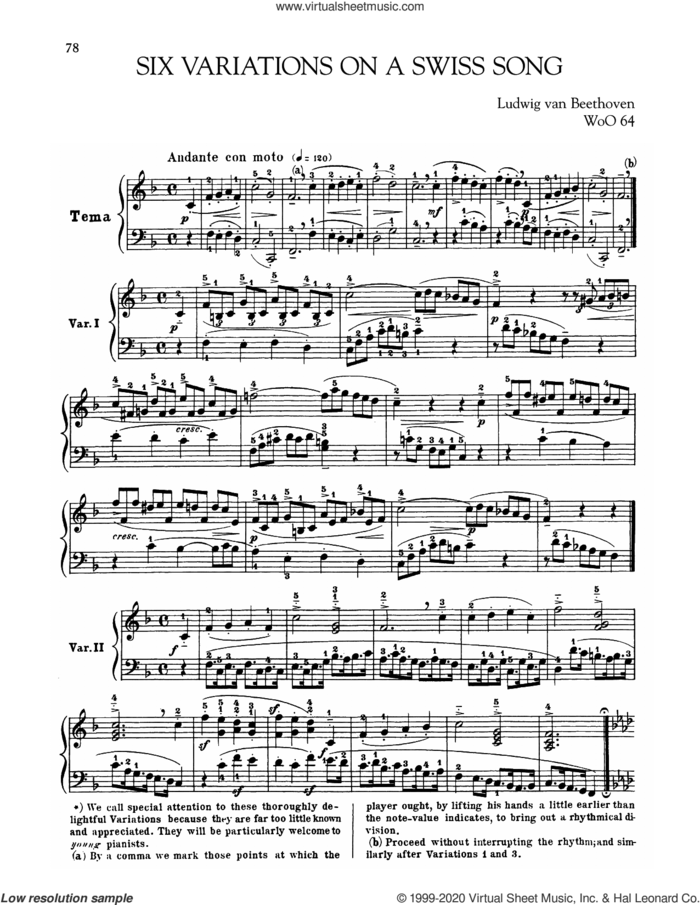 Six Variations On A Swiss Song, WoO 64 sheet music for piano solo by Ludwig van Beethoven, classical score, intermediate skill level