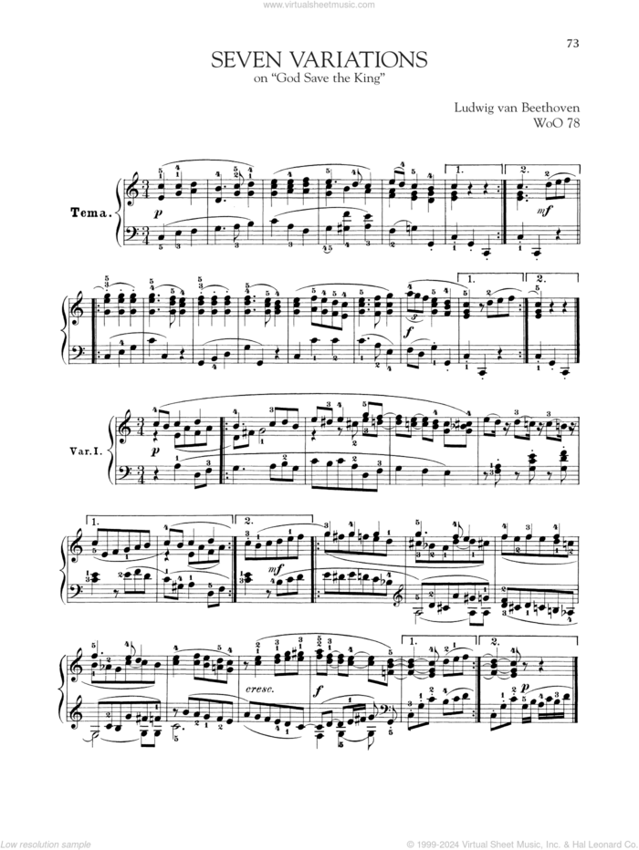 7 Variations On God Save The King, WoO 78 sheet music for piano solo by Ludwig van Beethoven, classical score, intermediate skill level