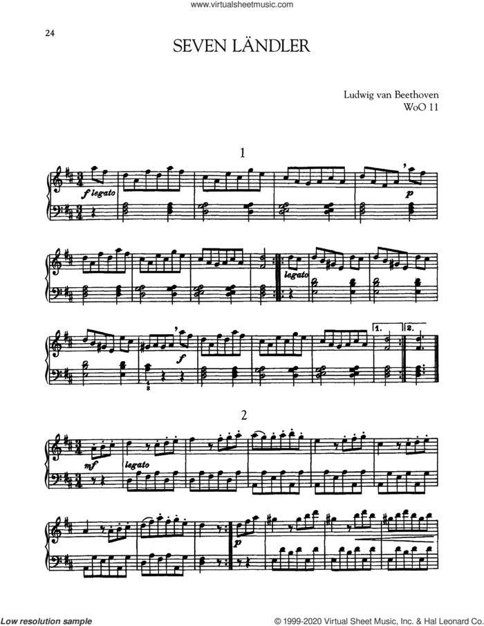 Seven Landler, WoO 11 sheet music for piano solo by Ludwig van Beethoven, classical score, intermediate skill level