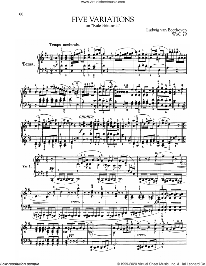 5 Variations On Rule Britannia, WoO 79 sheet music for piano solo by Ludwig van Beethoven, classical score, intermediate skill level