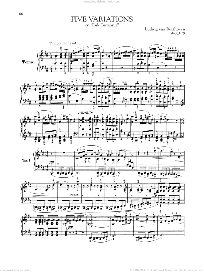 5 Variations On Rule Britannia, WoO 79 sheet music for piano solo by Ludwig van Beethoven, classical score, intermediate skill level