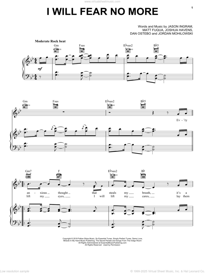 I Will Fear No More sheet music for voice, piano or guitar by The Afters, Dan Ostebo, Jason Ingram, Jordan Mohilowski, Joshua Havens and Matt Fuqua, intermediate skill level