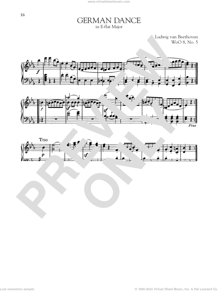 German Dance In E-Flat Major, WoO 8, No. 5 sheet music for piano solo by Ludwig van Beethoven, classical score, intermediate skill level