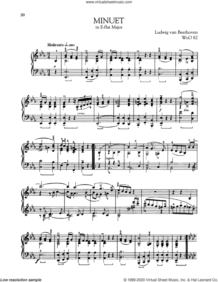 Minuet In E-Flat, WoO 82 sheet music for piano solo by Ludwig van Beethoven, classical score, intermediate skill level