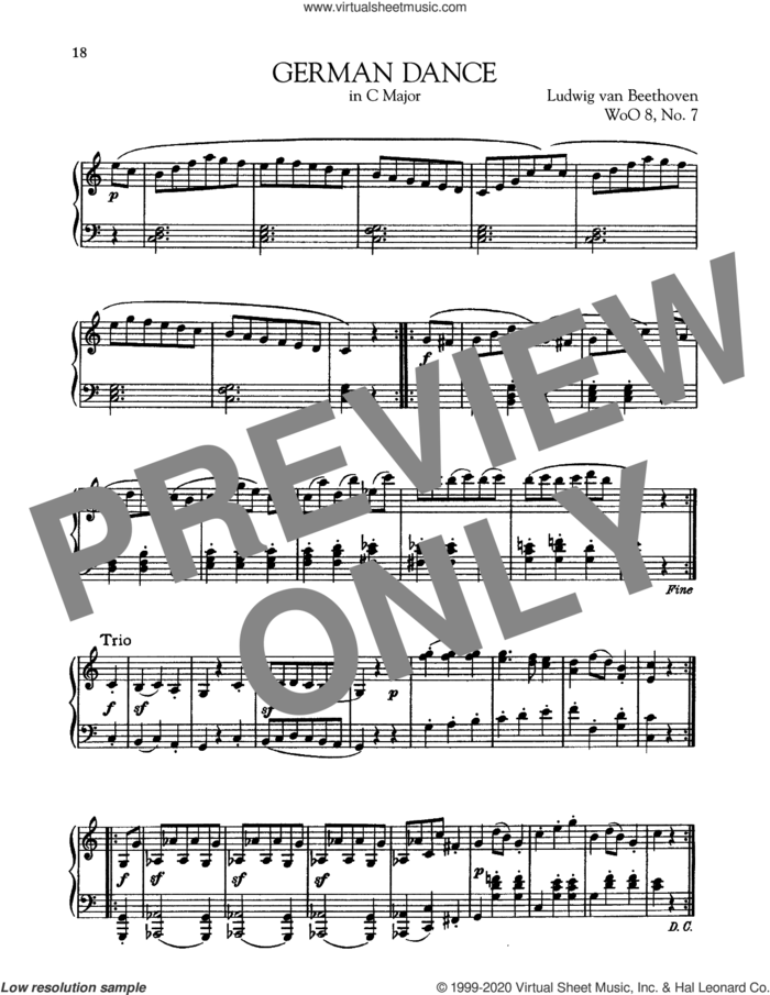 German Dance In C Major, WoO 8, No. 7 sheet music for piano solo by Ludwig van Beethoven, classical score, intermediate skill level