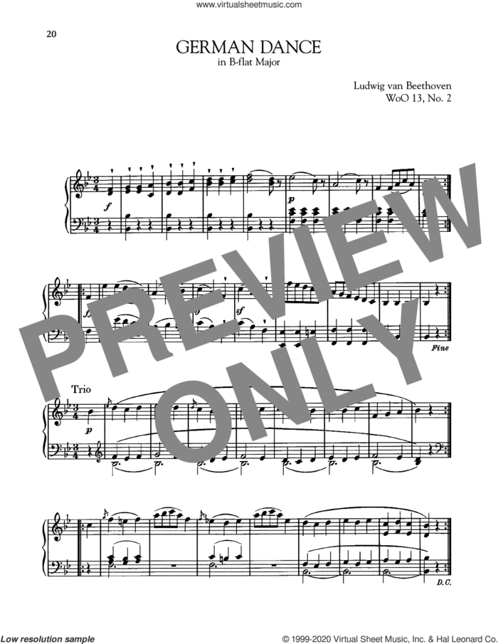 German Dance In B-Flat Major, WoO 13, No. 2 sheet music for piano solo by Ludwig van Beethoven, classical score, intermediate skill level