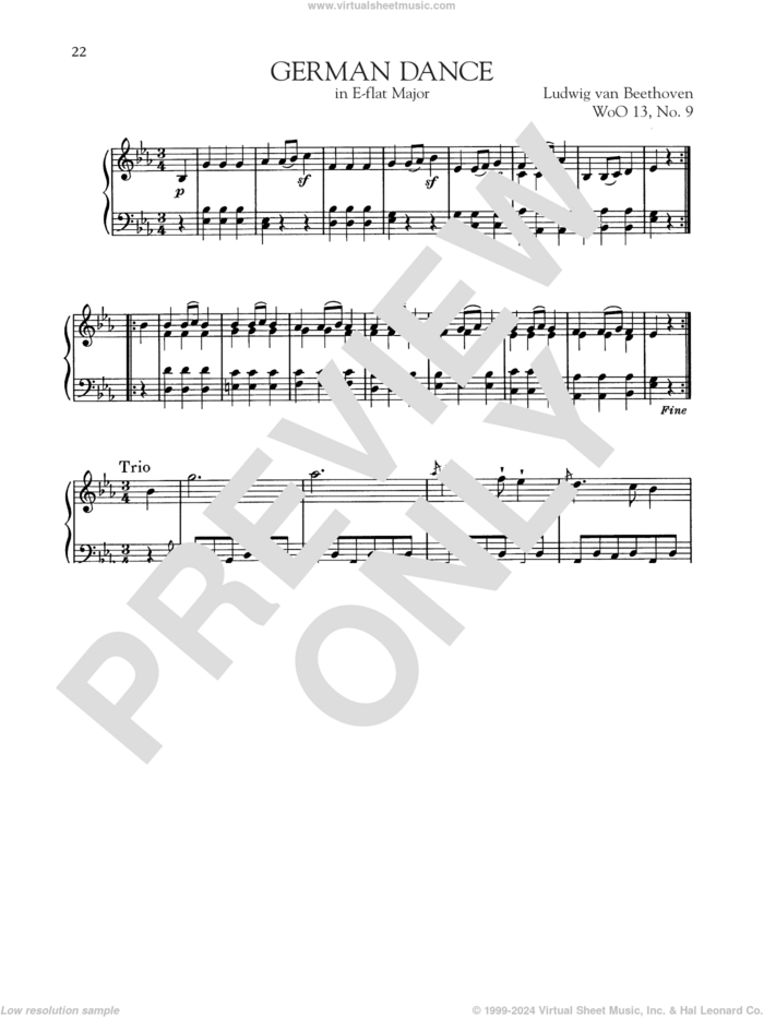 German Dance In E-Flat Major, WoO 13, No. 9 sheet music for piano solo by Ludwig van Beethoven, classical score, intermediate skill level