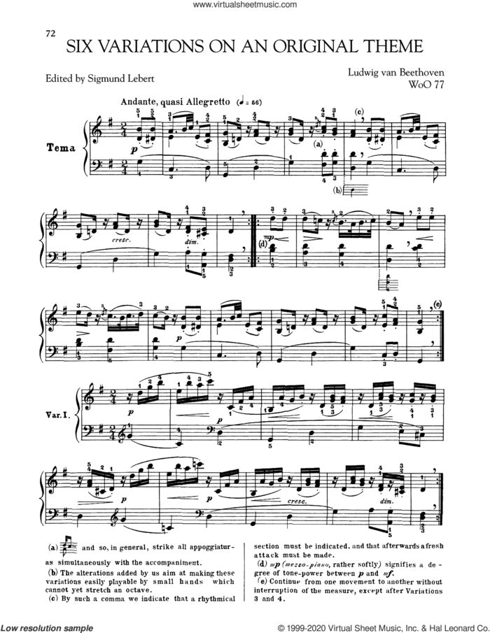 Six Easy Variations In G Major sheet music for piano solo by Ludwig van Beethoven, classical score, intermediate skill level