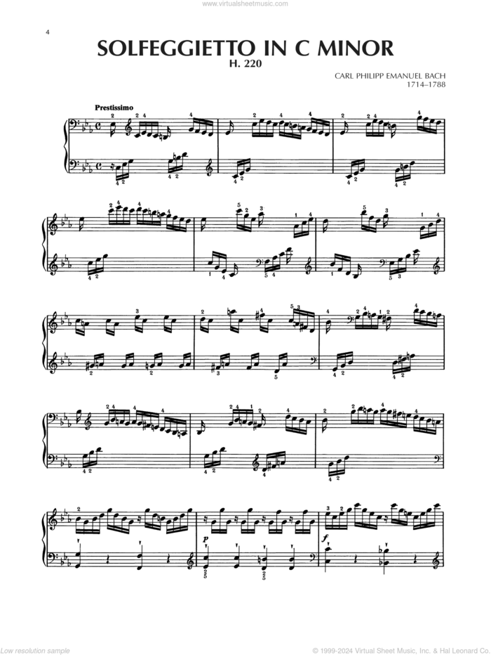 Solfegietto In C Minor, H. 220 sheet music for piano solo by Carl Philipp Emanuel Bach and Carl Philip Emanuel Bach, classical score, intermediate skill level