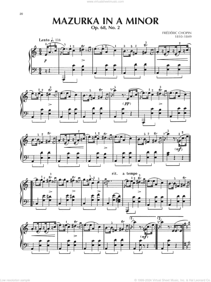 Mazurka, Op. 68, No. 2 sheet music for piano solo by Frederic Chopin, classical score, intermediate skill level