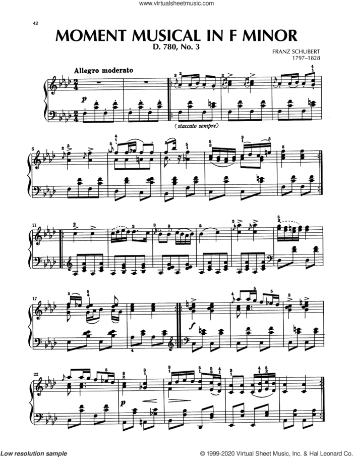 Moment Musical In F Minor, Op. 94, No. 3 sheet music for piano solo by Franz Schubert, classical score, intermediate skill level