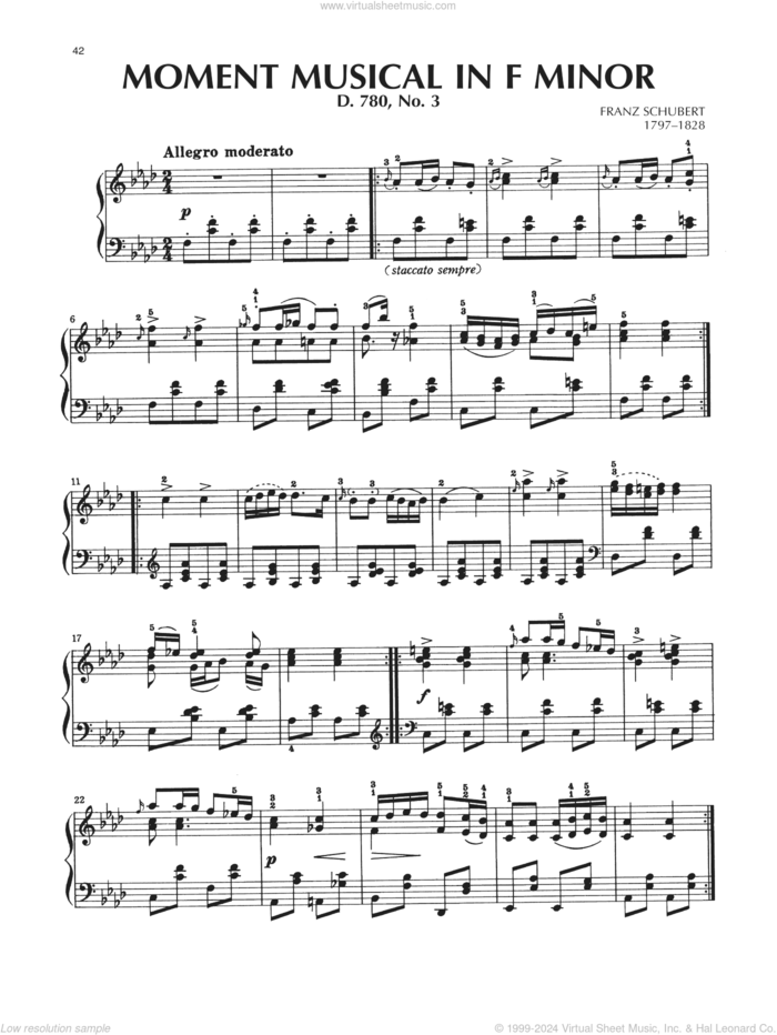 Moment Musical In F Minor, Op. 94, No. 3 sheet music for piano solo by Franz Schubert, classical score, intermediate skill level