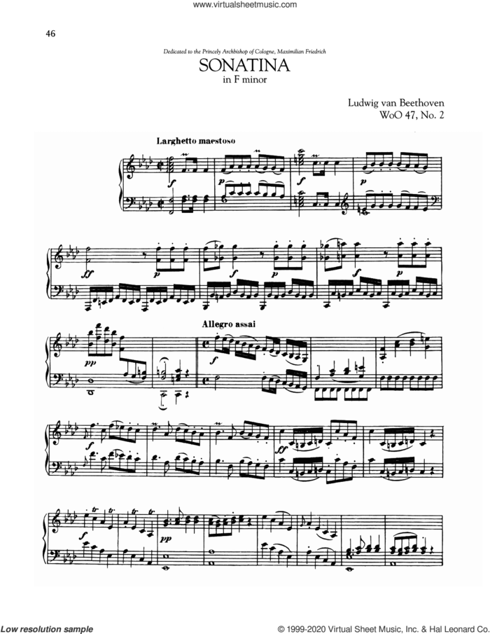 Sonata In F Minor, WoO 47, No. 2 sheet music for piano solo by Ludwig van Beethoven, classical score, intermediate skill level