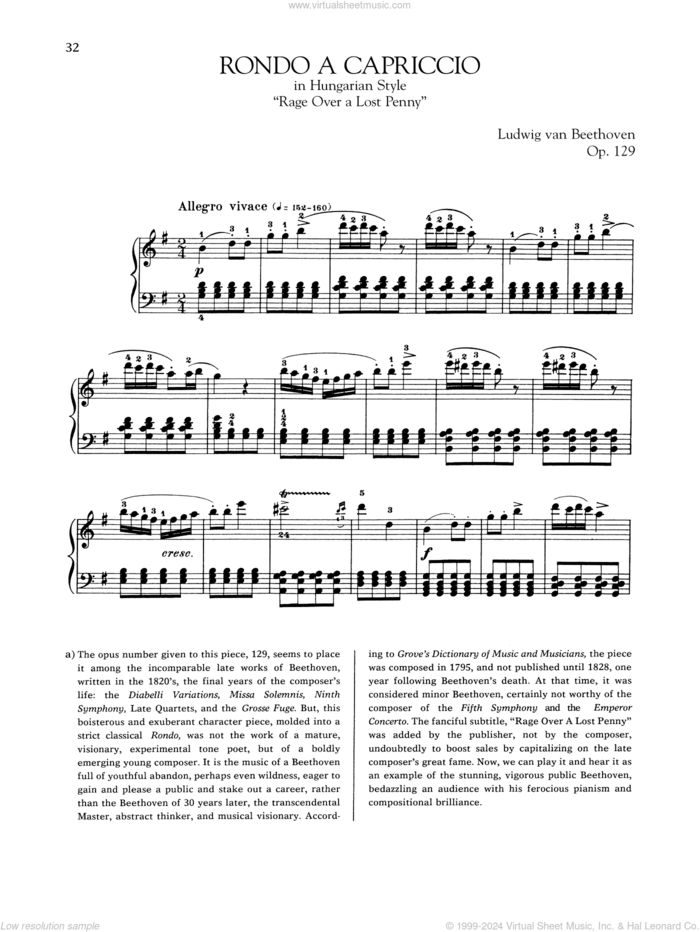 Rondo A Capriccio In Hungarian Style, Op. 129 sheet music for piano solo by Ludwig van Beethoven, classical score, intermediate skill level