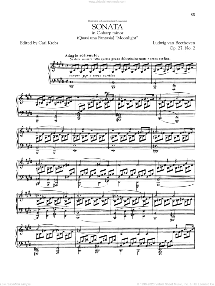 Piano Sonata No. 14, Op. 27, No. 2 ('Moonlight') sheet music for piano solo by Ludwig van Beethoven, classical score, intermediate skill level