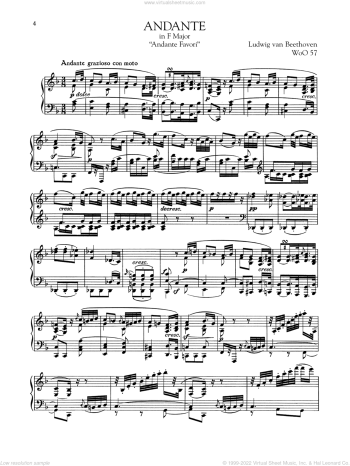 Andante Favori, WoO 57 sheet music for piano solo by Ludwig van Beethoven, classical score, intermediate skill level