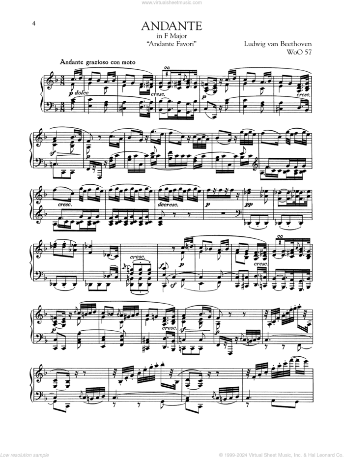 Andante Favori, WoO 57 sheet music for piano solo by Ludwig van Beethoven, classical score, intermediate skill level