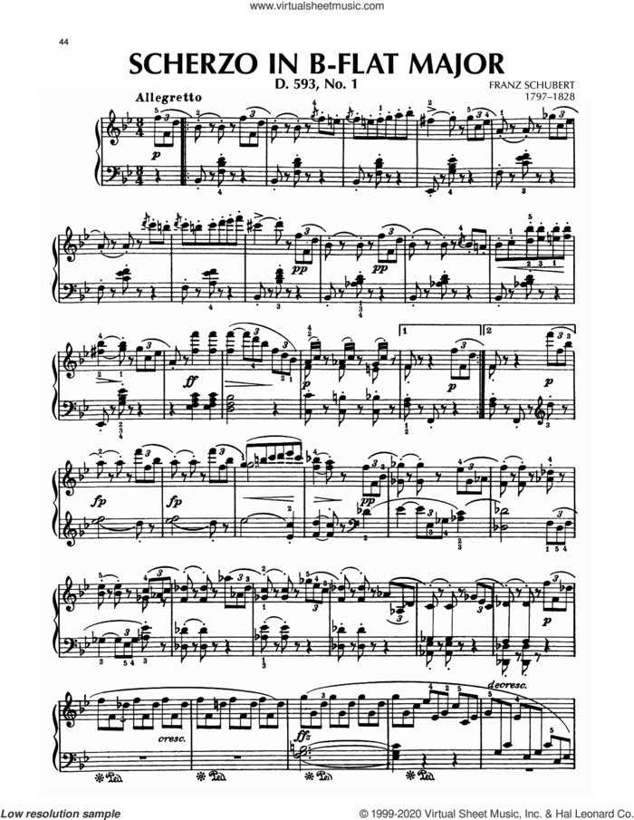 Scherzo In B-Flat Major, D. 593, No. 1 sheet music for piano solo by Franz Schubert, classical score, intermediate skill level