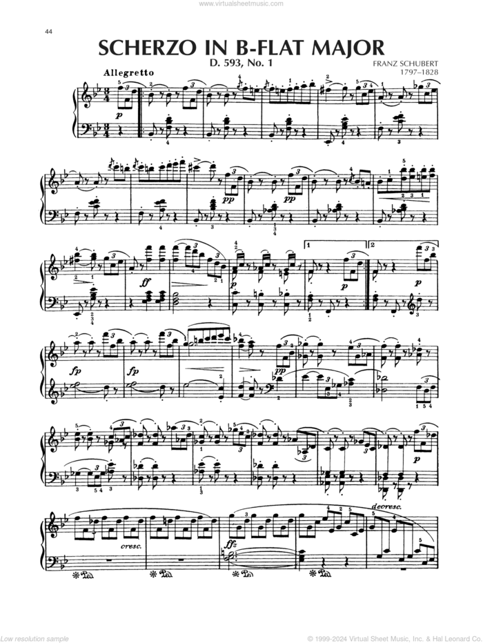 Scherzo In B-Flat Major, D. 593, No. 1 sheet music for piano solo by Franz Schubert, classical score, intermediate skill level