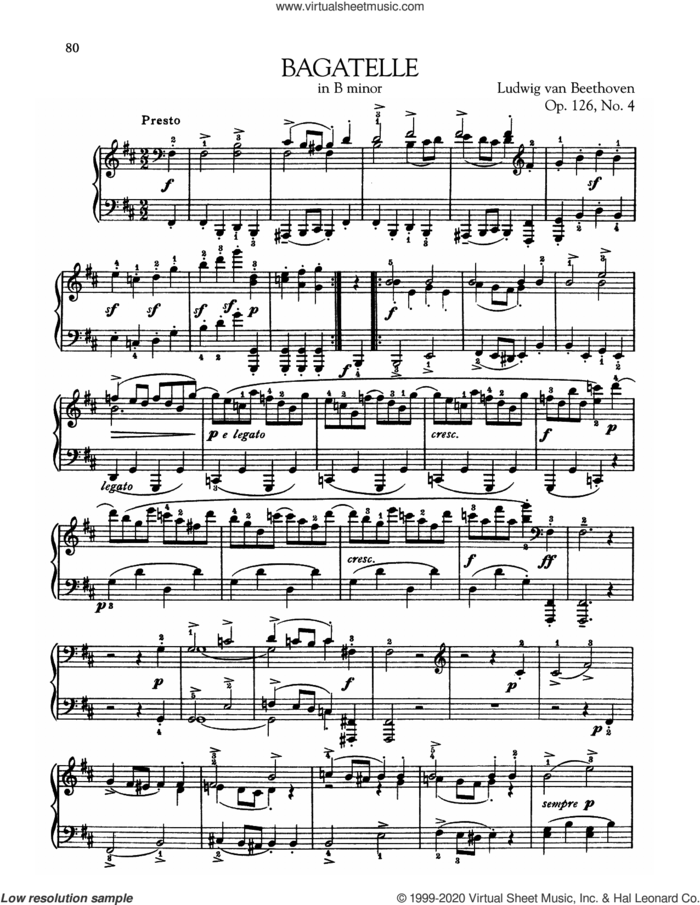 Bagatelle In B Minor, Op. 126, No. 4 sheet music for piano solo by Ludwig van Beethoven, classical score, intermediate skill level