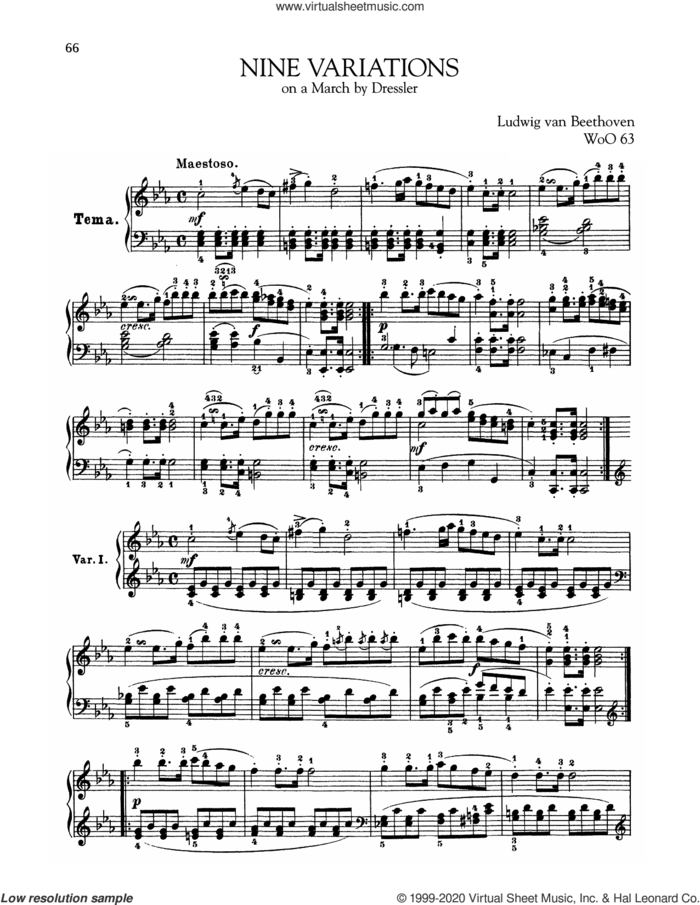 9 Variations On A March By Dressler, WoO 63 sheet music for piano solo by Ludwig van Beethoven, classical score, intermediate skill level