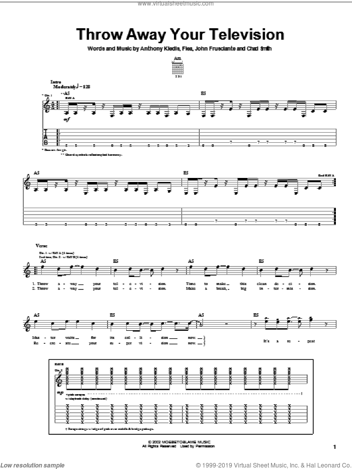 Throw Away Your Television sheet music for guitar (tablature) by Red Hot Chili Peppers, Anthony Kiedis, Flea and John Frusciante, intermediate skill level
