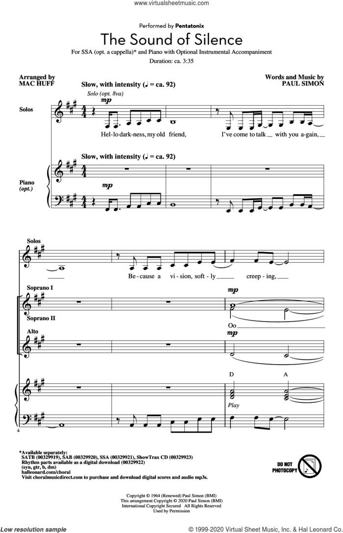 The Sound Of Silence (arr. Mac Huff) sheet music for choir (SSA: soprano, alto) by Pentatonix, Mac Huff, Simon & Garfunkel and Paul Simon, intermediate skill level