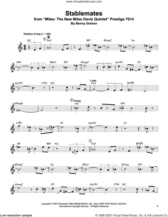 Stablemates sheet music for trumpet solo (transcription) by Miles Davis and Benny Golson, intermediate trumpet (transcription)