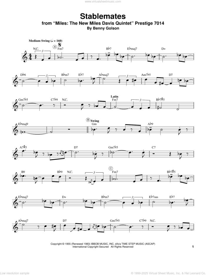 Stablemates sheet music for trumpet solo (transcription) by Miles Davis and Benny Golson, intermediate trumpet (transcription)