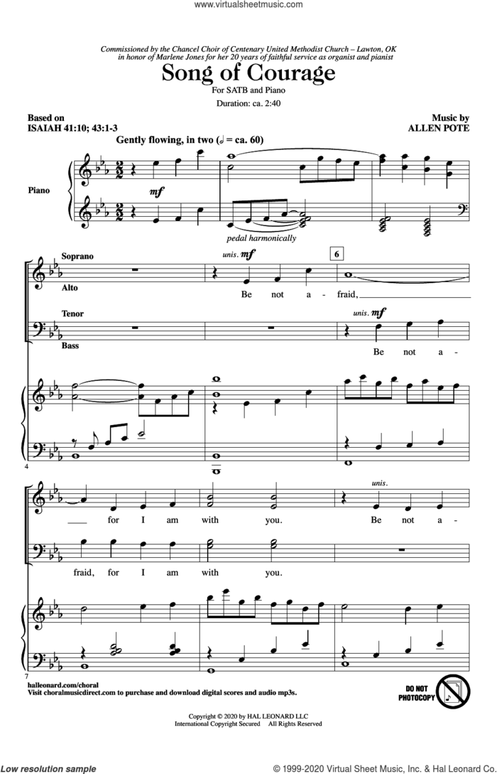 Song Of Courage sheet music for choir (SATB: soprano, alto, tenor, bass) by Allen Pote and Isaiah 41:10; 43:1-3, intermediate skill level