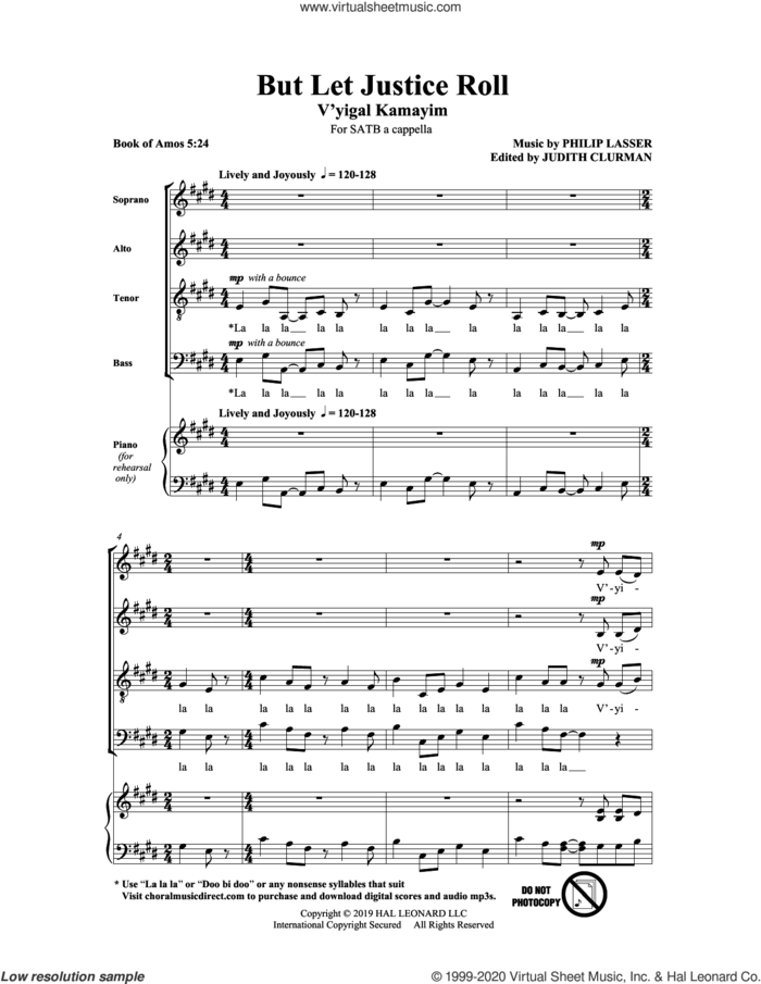 But Let Justice Roll sheet music for choir (SATB: soprano, alto, tenor, bass) by Philip Lasser, intermediate skill level