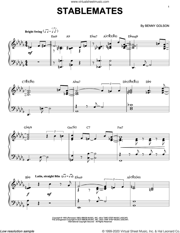 Stablemates (arr. Brent Edstrom) sheet music for piano solo by Benny Golson and Brent Edstrom, intermediate skill level