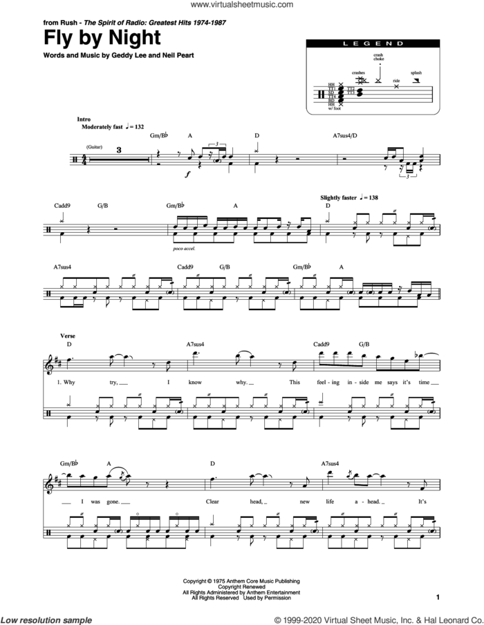Fly By Night sheet music for drums by Rush, Geddy Lee and Neil Peart, intermediate skill level