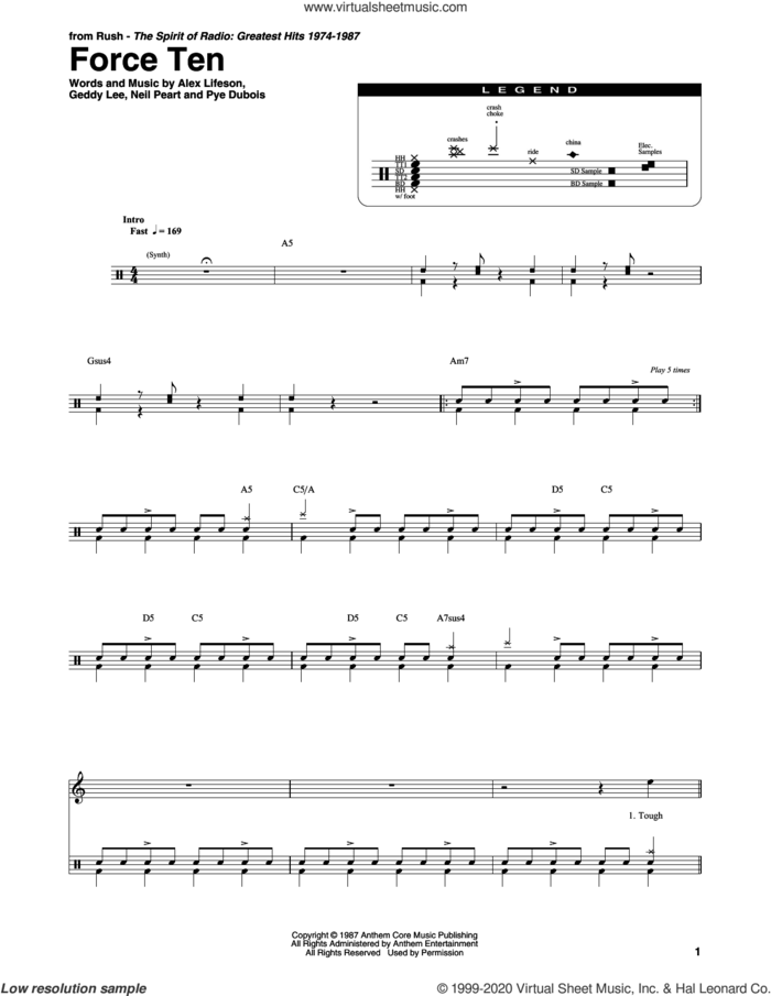 Force Ten sheet music for drums by Rush, Alex Lifeson, Geddy Lee, Neil Peart and Pye Dubois, intermediate skill level
