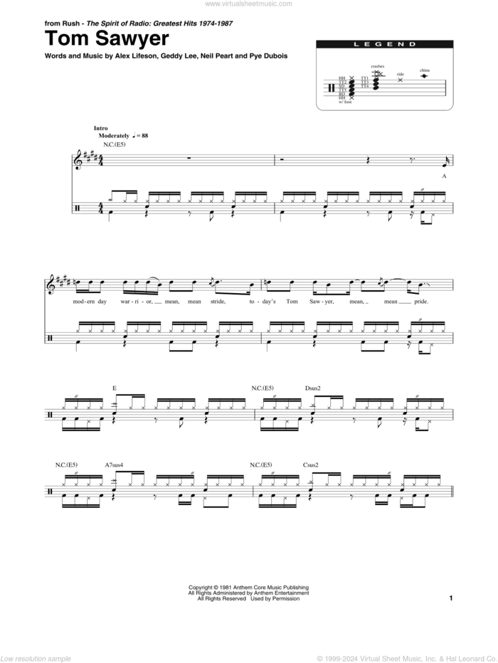 Tom Sawyer sheet music for drums by Rush, Alex Lifeson, Geddy Lee, Neil Peart and Pye Dubois, intermediate skill level