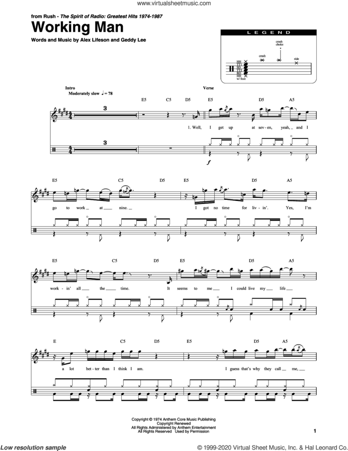 Working Man sheet music for drums by Rush, Alex Lifeson and Geddy Lee, intermediate skill level