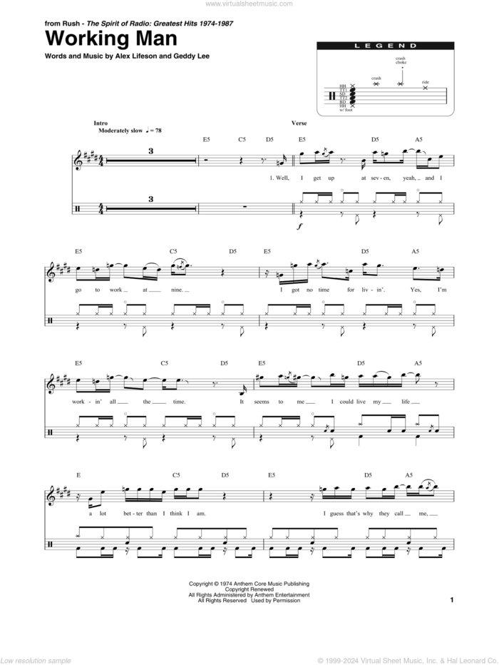 Working Man sheet music for drums by Rush, Alex Lifeson and Geddy Lee, intermediate skill level