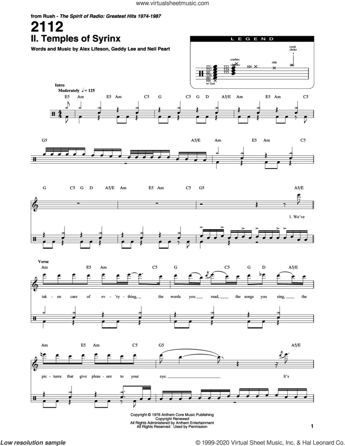 2112 - II. The Temples Of Syrinx sheet music for drums by Rush, Alex Lifeson, Geddy Lee and Neil Peart, intermediate skill level
