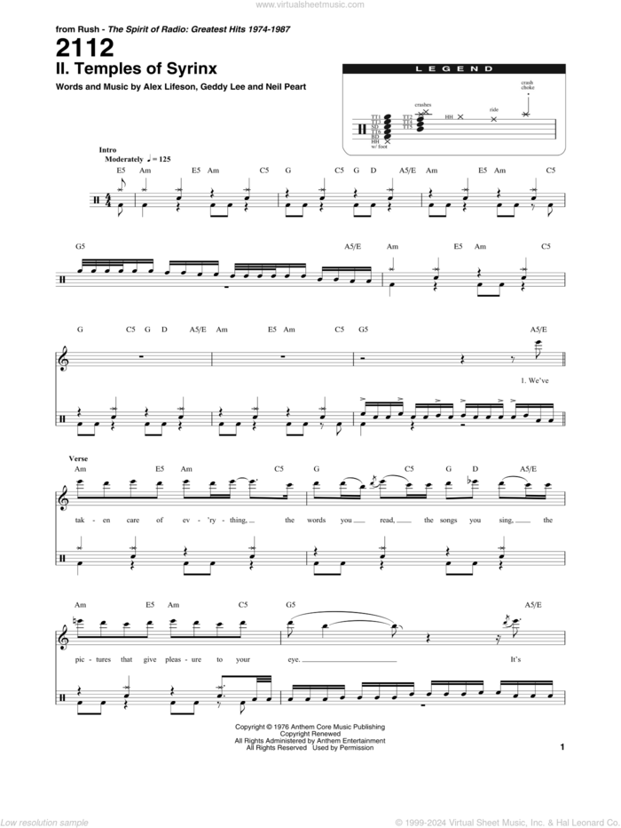 2112 - II. The Temples Of Syrinx sheet music for drums by Rush, Alex Lifeson, Geddy Lee and Neil Peart, intermediate skill level