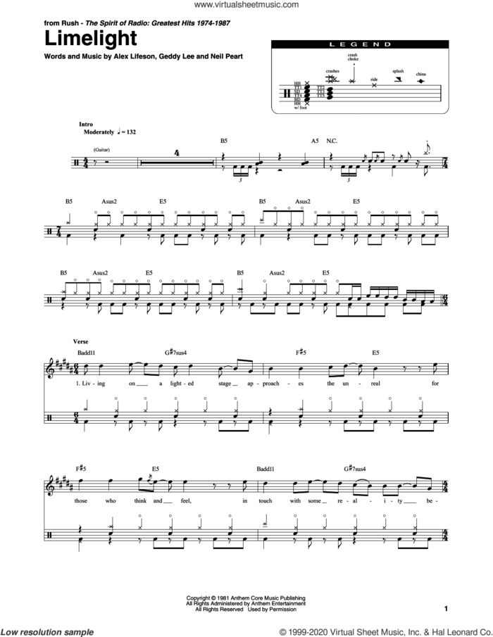 Limelight sheet music for drums by Rush, Alex Lifeson, Geddy Lee and Neil Peart, intermediate skill level